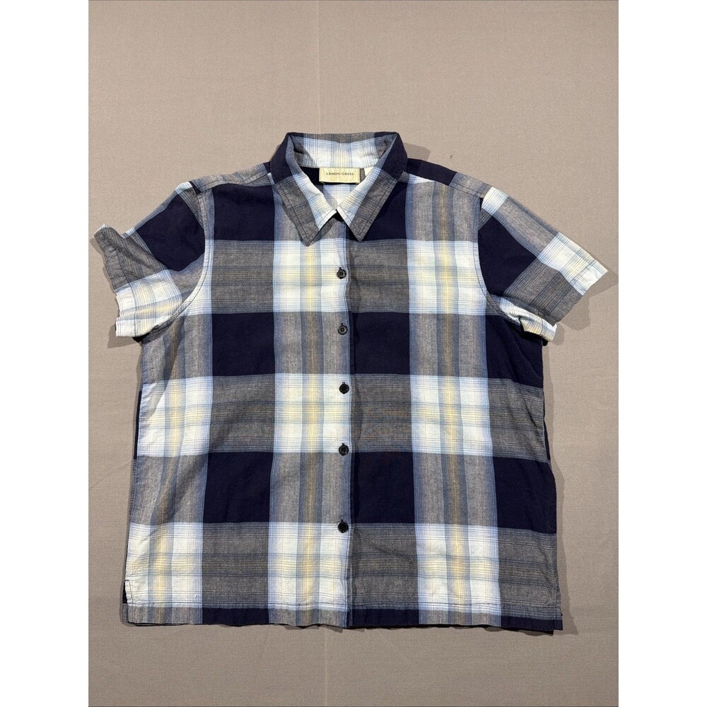 Lemon Grass Cotton Blue Plaid Short Sleeve Button Down Large Casual Top
